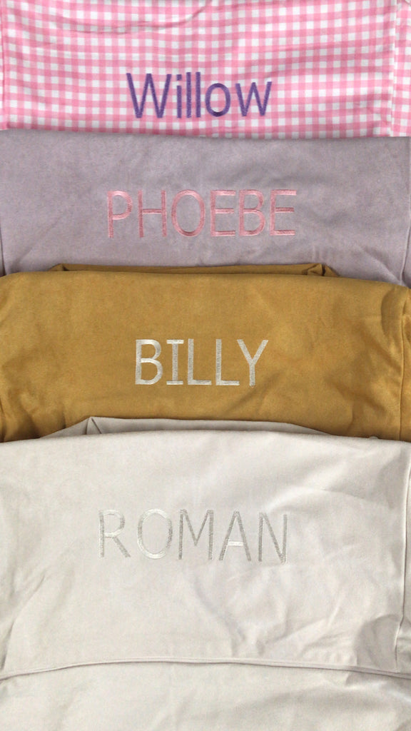 Willow - Purple thread on pink gingham cover, Phoebe - Pink Thread on Lilac cover, Billy - Cream Thread on Mustard cover, Roman - Cream Thread on Oat Cover
