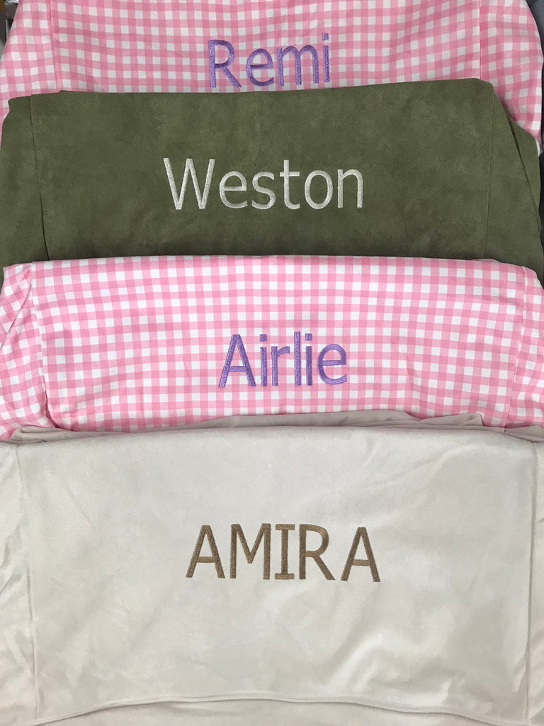 Remi - Purple thread on pink gingham cover, Weston - cream thread on khaki cover, Airlie - purple thread on pink gingham cover, Amira - brown thread on oat cover