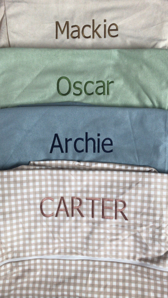 Mackie - Brown Thread on Oat cover, Oscar - Dark green Thread on sage cover, Archie - Navy Thread on Blue cover, Carter - Dusty pink Thread on beige gingham cover 